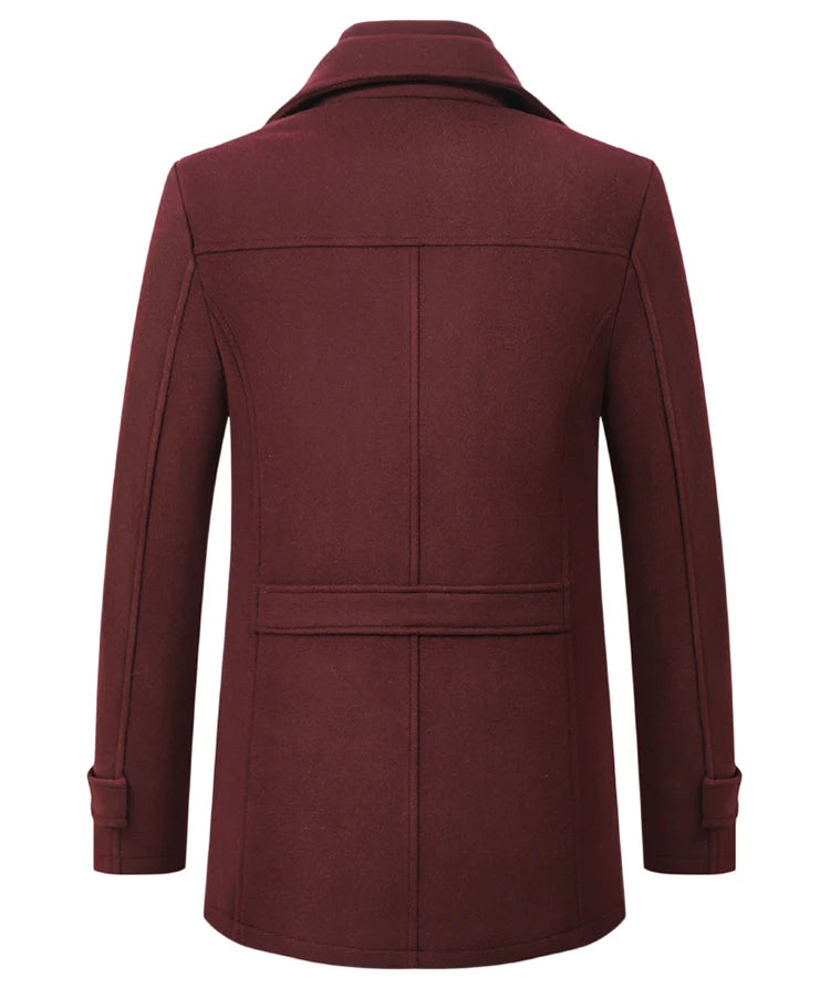 Winter Men's Woolen Windbreaker Coat New Solid Red Wine Color Single Breasted Trench Slim Fit Business Casual  Wool Jacket Blends REar View