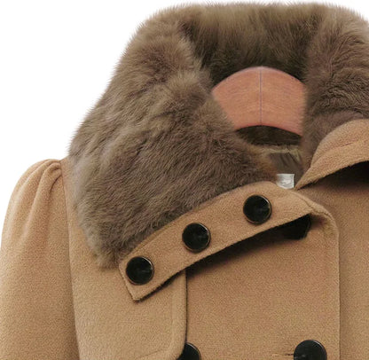 Women's Trench Coat Winter Slim Long Wool Sherpa Coat Double Breasted Padded Cashmere Coat England Style close up khaki 