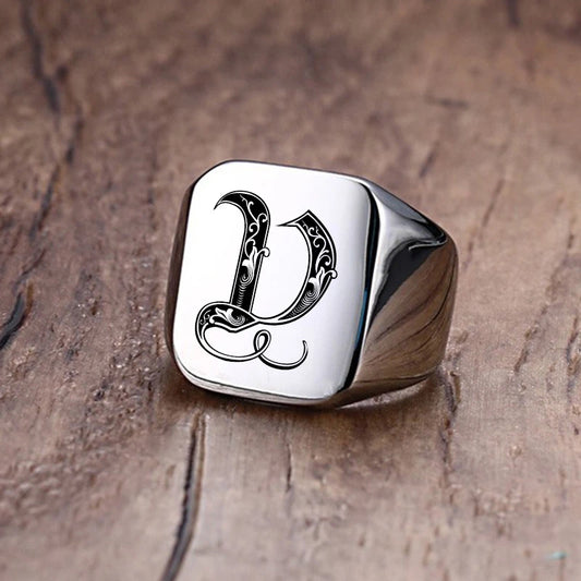 Ring For men Retro Initials Signet Ring for Men 18mm Bulky Heavy Stamp Male Band Stainless Steel Letters Jewelry Gift for Him Anillo