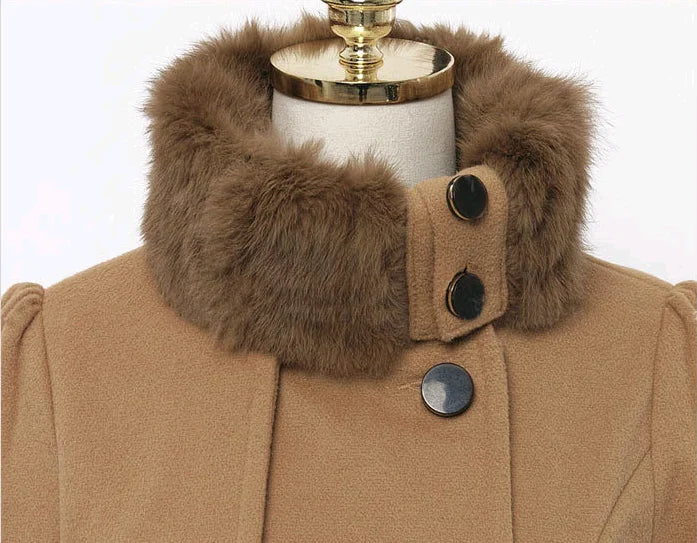 Women's Trench Coat Winter Slim Long Wool Sherpa Coat Double Breasted Padded Cashmere Coat England Style close-up khaki color