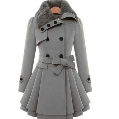 Women's Trench Coat Winter Slim Long Wool Sherpa Coat Double Breasted Padded Cashmere Coat England Style grey color