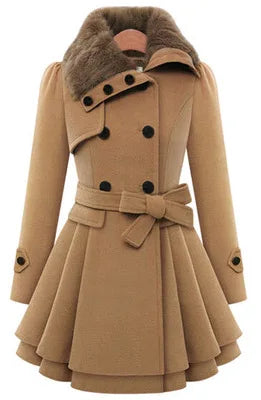 Women's Trench Coat Winter Slim Long Wool Sherpa Coat Double Breasted Padded Cashmere Coat England Style khaki color front view