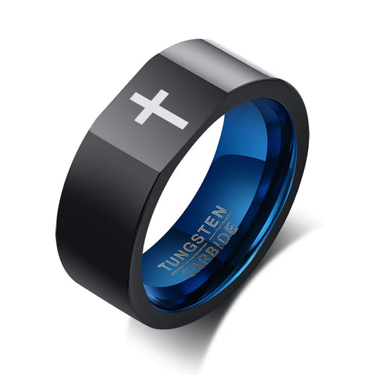 8mm Tungsten Ring for Men black with blue color cross sign cover image