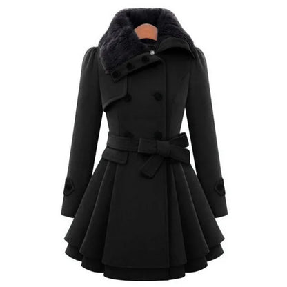 Women's Trench Coat Winter Slim Long Wool Sherpa Coat Double Breasted Padded Cashmere Coat England Style black color front view