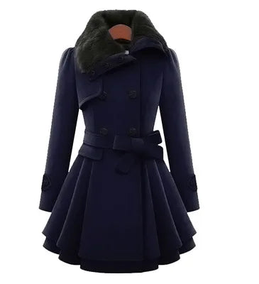 Women's Trench Coat Winter Slim Long Wool Sherpa Coat Double Breasted Padded Cashmere Coat England Style Navy color front view