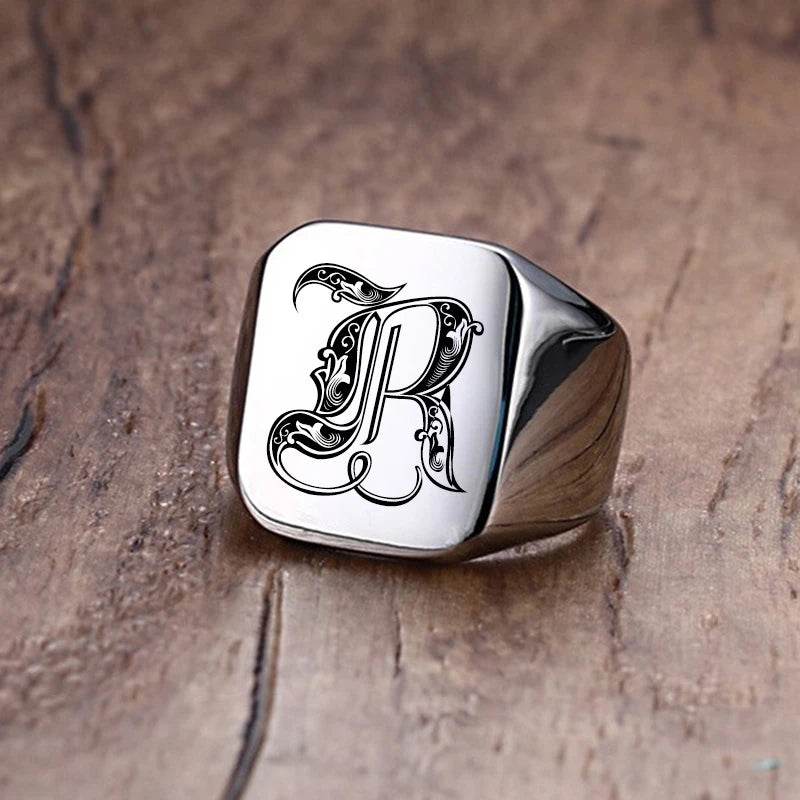 Ring For men Retro Initials Signet Ring for Men 18mm Bulky Heavy Stamp Male Band Stainless Steel Letters Jewelry Gift for Him Anillo