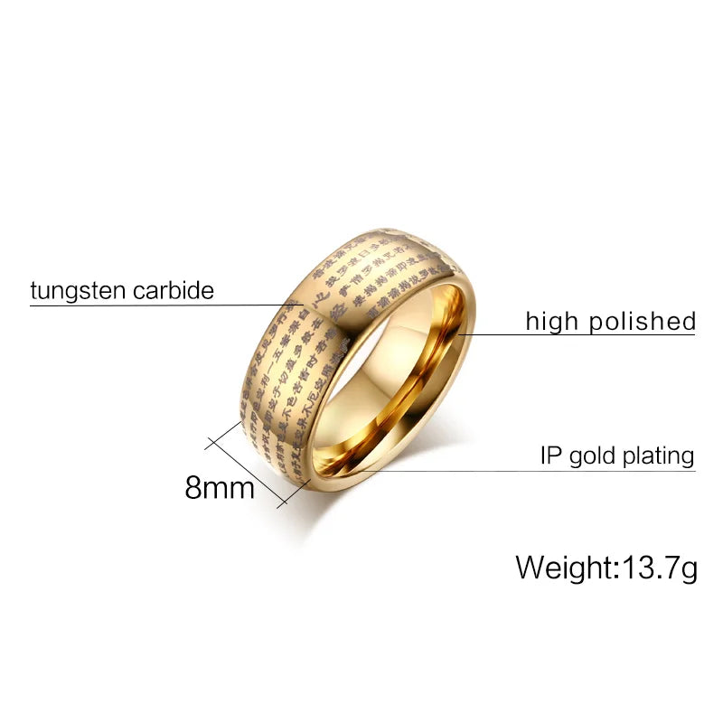 Ring for men Engraved Chinese Buddhist Texts Tungsten Rings for Men Religions Lucky Jewelry Anillo