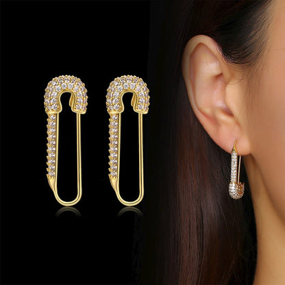 Earrings for Women Temperament Safety Pin, Luxury Full CZ Stones Stud Earring