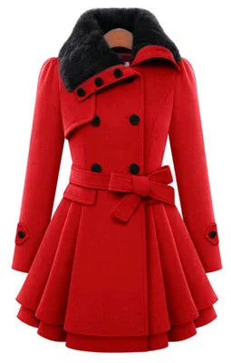 Women's Trench Coat Winter Slim Long Wool Sherpa Coat Double Breasted Padded Cashmere Coat England Style red color