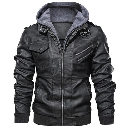 Mens Hood Faux Leather Jacket Winter Fleece Warm Biker Vintage Coat Casual Slim pilot Leather Jackets Grey Color