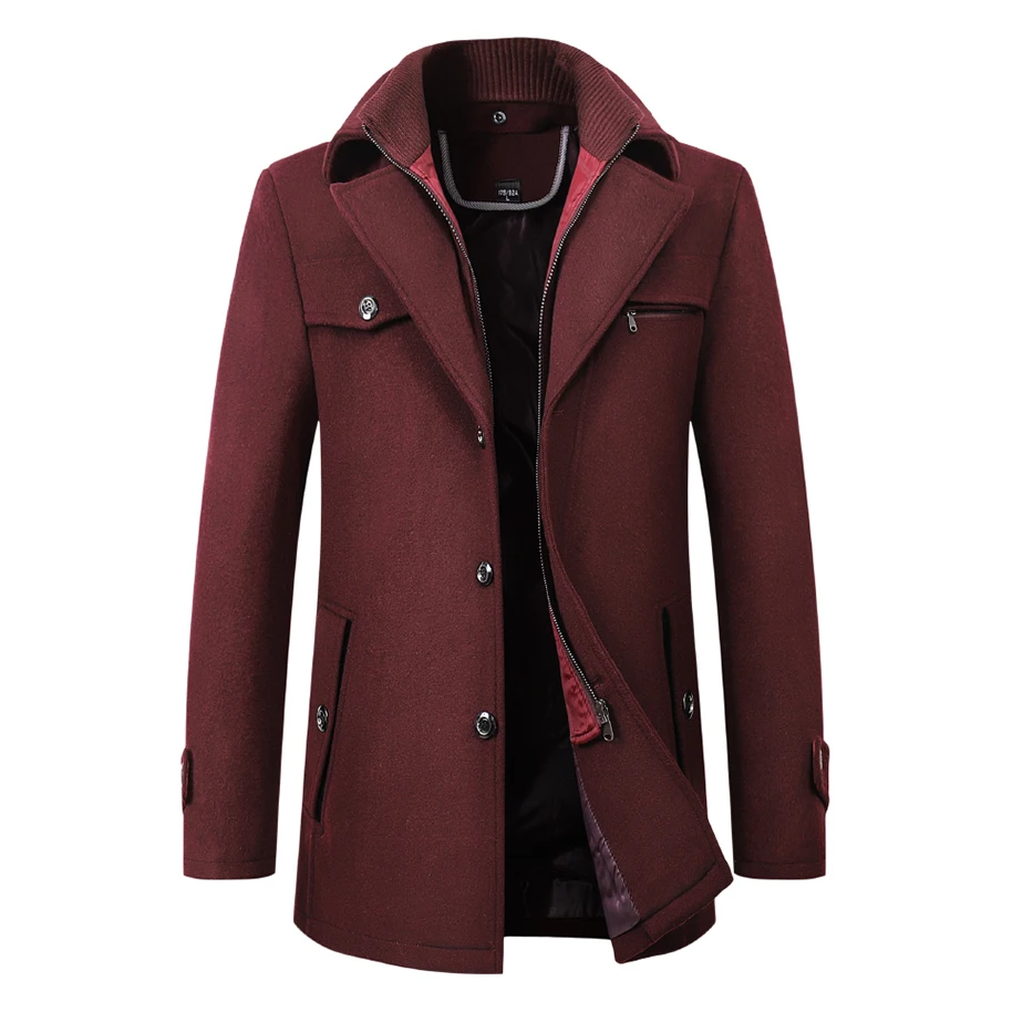 Men's Woolen Windbreaker Coat New Solid Red Wine Color Trench Coat Slim Fit Casual Wool Jacket 