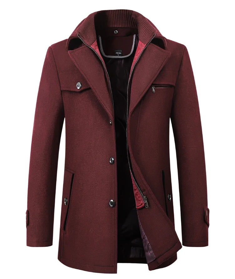 Winter Men's Woolen Windbreaker Coat New Solid Red Wine Color Single Breasted Trench Slim Fit Business Casual Wool Jacket Blends