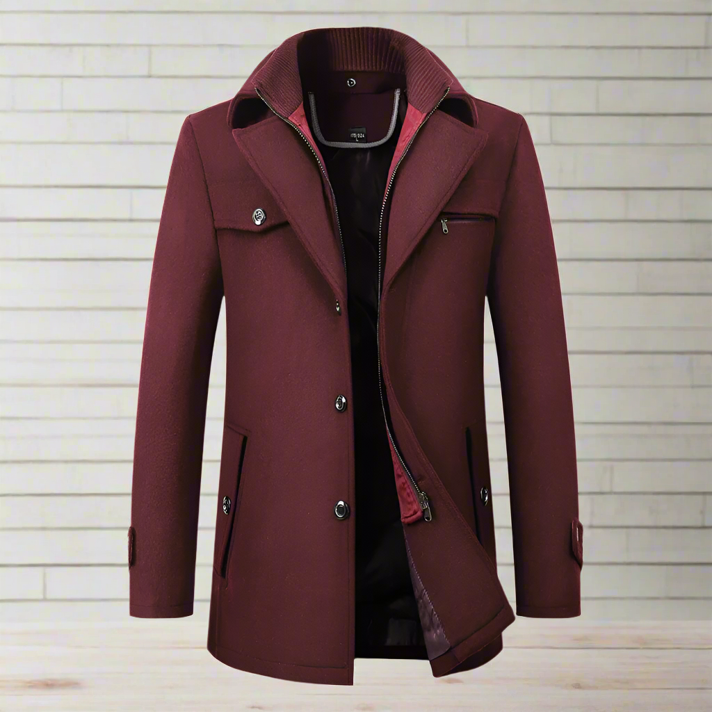 Men's Woolen Coat New Solid Red Wine Color Trench Coat Slim Fit Casual Wool Jacket 