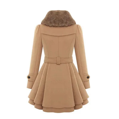 Women's Trench Coat Winter Slim Long Wool Sherpa Coat Double Breasted Padded Cashmere Coat England Style khaki color rear view