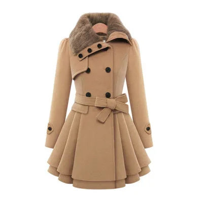 Women's Trench Coat Winter Slim Long Wool Sherpa Coat Double Breasted Padded Cashmere Coat England Style Khaki