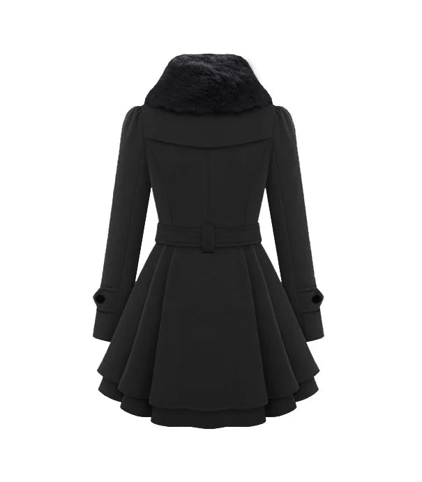 Women's Trench Coat Winter Slim Long Wool Sherpa Coat Double Breasted Padded Cashmere Coat England Style black color rear view