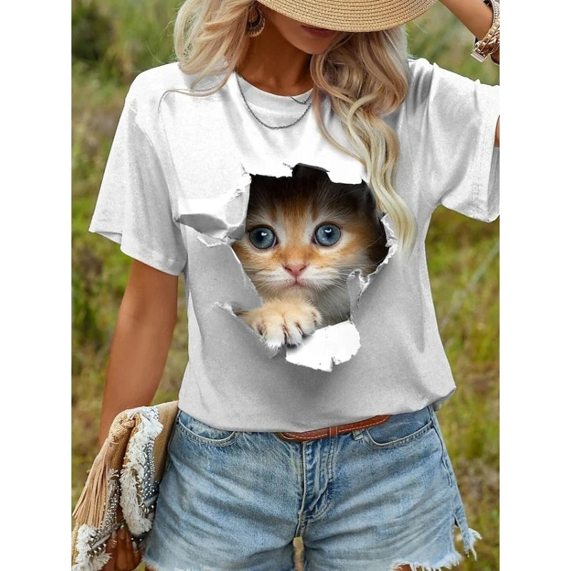 T-Shirt for Women Funny 3D Cartoon Cat Print Women's T-Shirts Casual O-neck Short Sleeve Top Summer Loose Tee Fashion Blouse