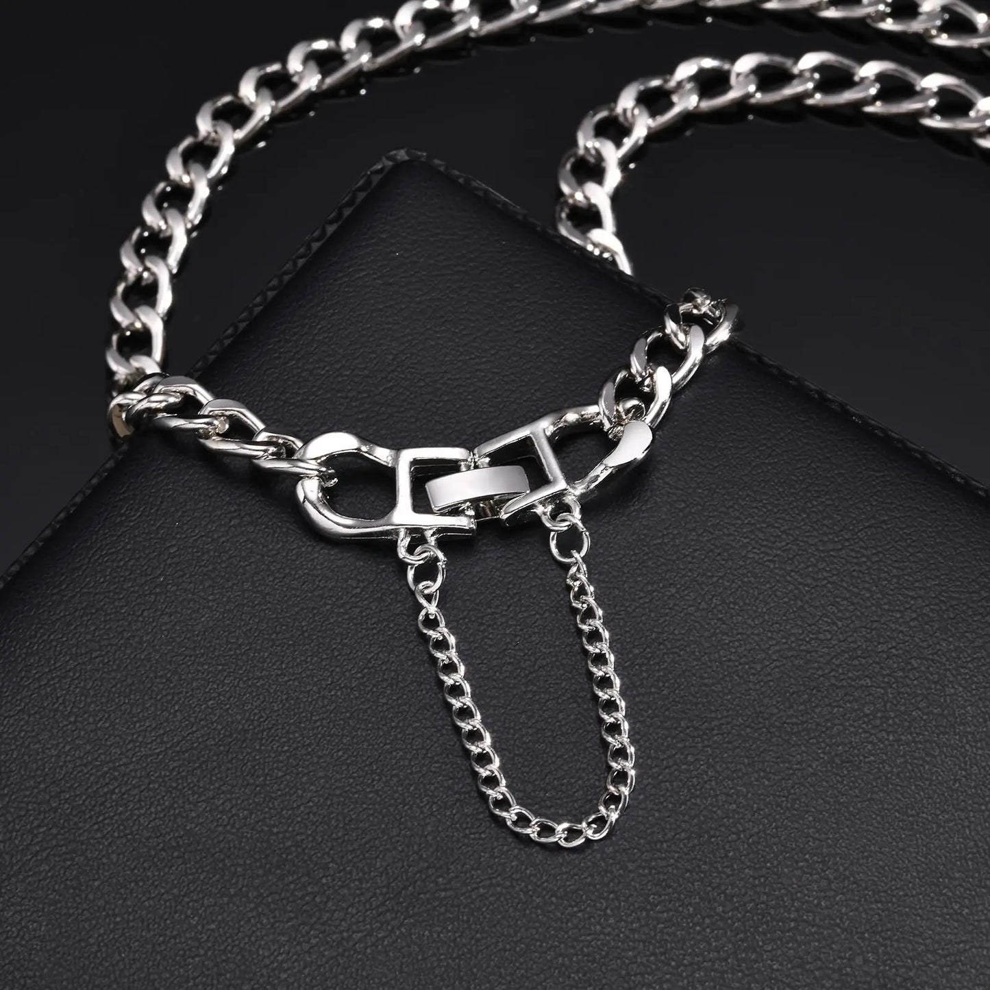 Neck Chain Women Mens Simple Cuban Chain Necklace with Tassel Fold Over Clasp Chokers Unisex Kpop Collar Gift