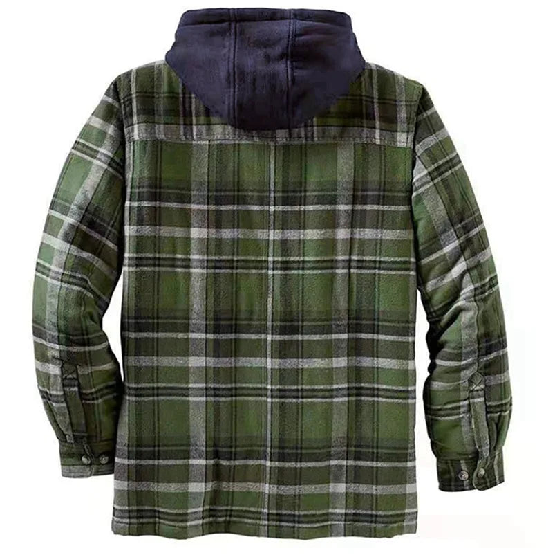 Men's Coats Plaid Printed Patchwork Jacket Hooded Outerwear Jacket for men  Navy-green rear view