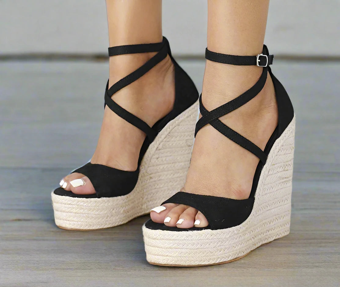 Platform Wedge Sandals Sexy Fashion Thick Bottom Open Toe Buckle Strap Black High Heels black color