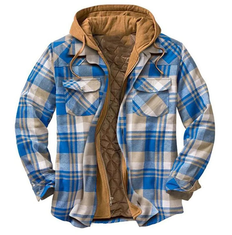 Men's Coats Plaid Printed Patchwork Jacket Hooded Outerwear Jacket for men  blue-khaki-brown front view