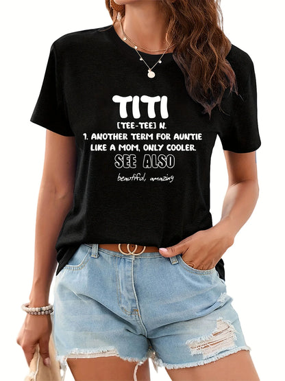 T-Shirt for Women TITI Print T-Shirt Short Sleeve Crew Neck Casual Top Women's Clothing