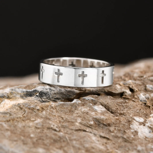 Ring for men Hollow Out Cross Rings for Men Boys Never Fade Silver Color Stainless Steel Finger Band Jesus Faith Fraternal Anillo