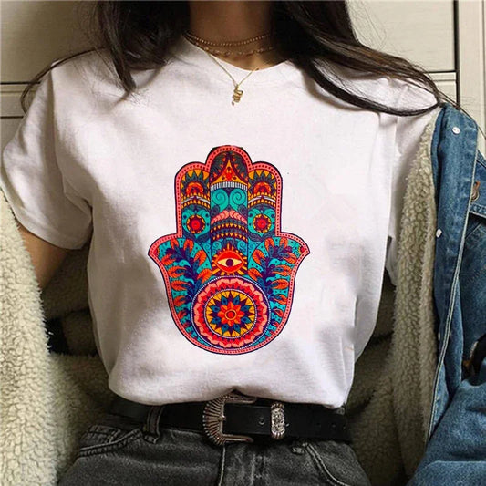 T-Shirt for Women Hamsa Hand of Fatima Print Women's T-Shirts Lucky Hand Unisex T Shirts Short Sleeve Top Tees