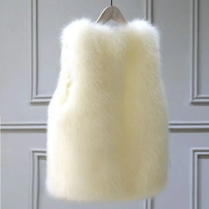 Fur Vest for Women Female Waistcoat Faux Fox Fur Overcoat Winter Jackets Thickened Warm Sleeveless Outwear Top white color rear view