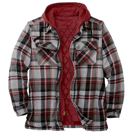 Men's Coats Plaid Printed Patchwork Jacket Hooded Outerwear Jacket for men  red-grey-brown