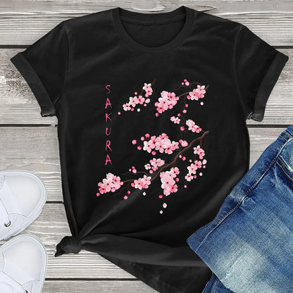 T-Shirt for Women Sakura Cherry Blossom Print T-shirt, Casual Crew Neck Short Sleeve T-shirt, Women's Clothing