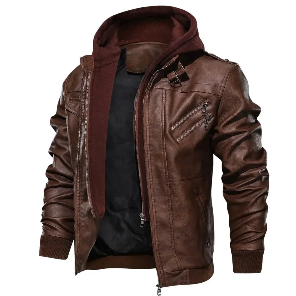 Mens Hood Faux Leather Jacket Winter Fleece Warm Biker Vintage Coat Casual Slim pilot Leather Jackets brown color 3/4 view