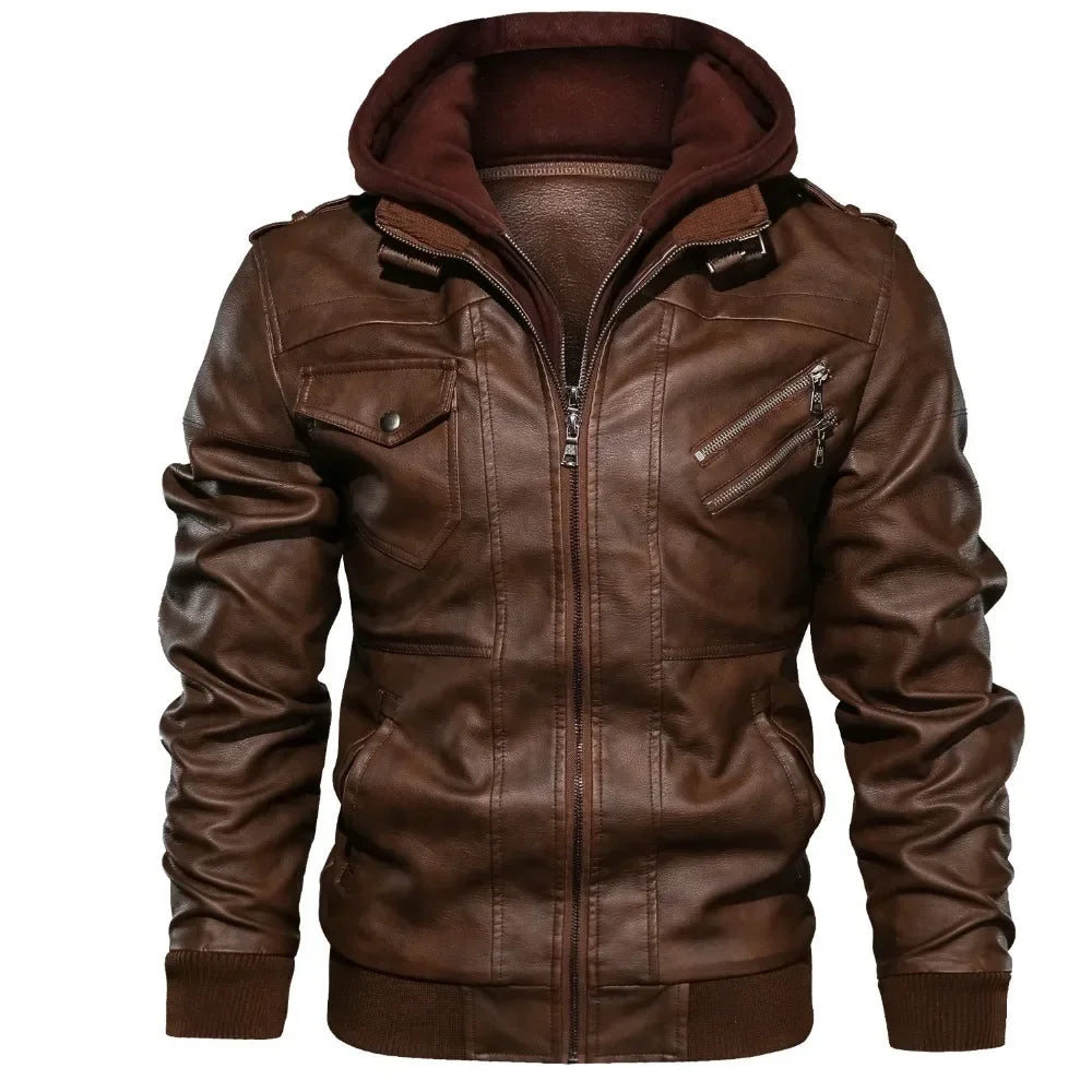 Mens Hood Faux Leather Jacket Winter Fleece Warm Biker Vintage Coat Casual Slim pilot Leather Jackets