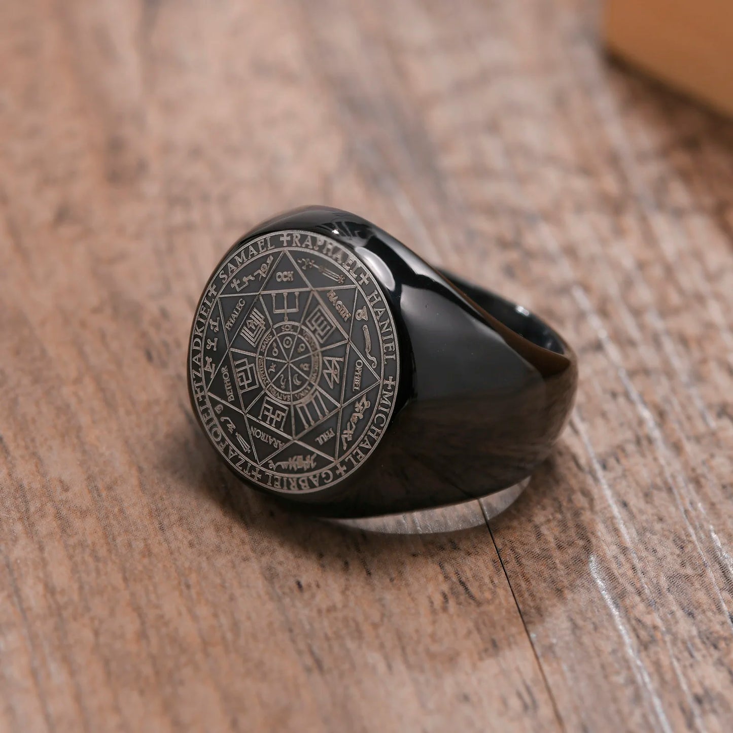 Ring for men Seven Seals of Angels Rings for Men Round Top Stamp Finger Band Metatron Cube Stamp Ring Chunky Punk Anillo