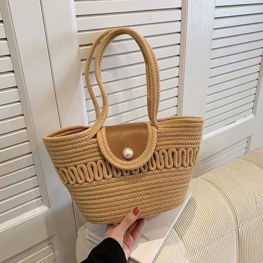 Handbag Fashion Women's Woven Bag French Casual Tote Bag Cotton Rope Handbag Woven Bag Pearl Decoration