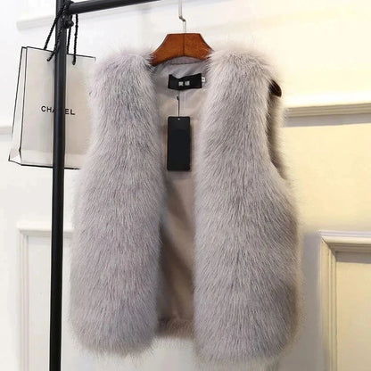 Fur Vest for Women Female Waistcoat Faux Fox Fur Overcoat Winter Jackets Thickened Warm Sleeveless Outwear Top Grey