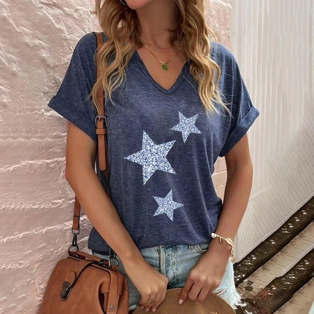 T-Shirt for Women Fashion V-neck Women's T-Shirts Funny Five-Pointed Star Printed Short Sleeve Casual Loose Tops