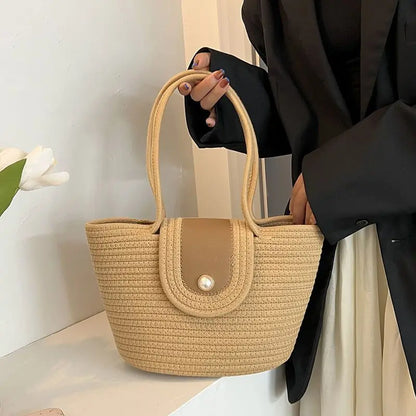 Handbag Fashion Women's Woven Bag French Casual Tote Bag Cotton Rope Handbag Woven Bag Pearl Decoration