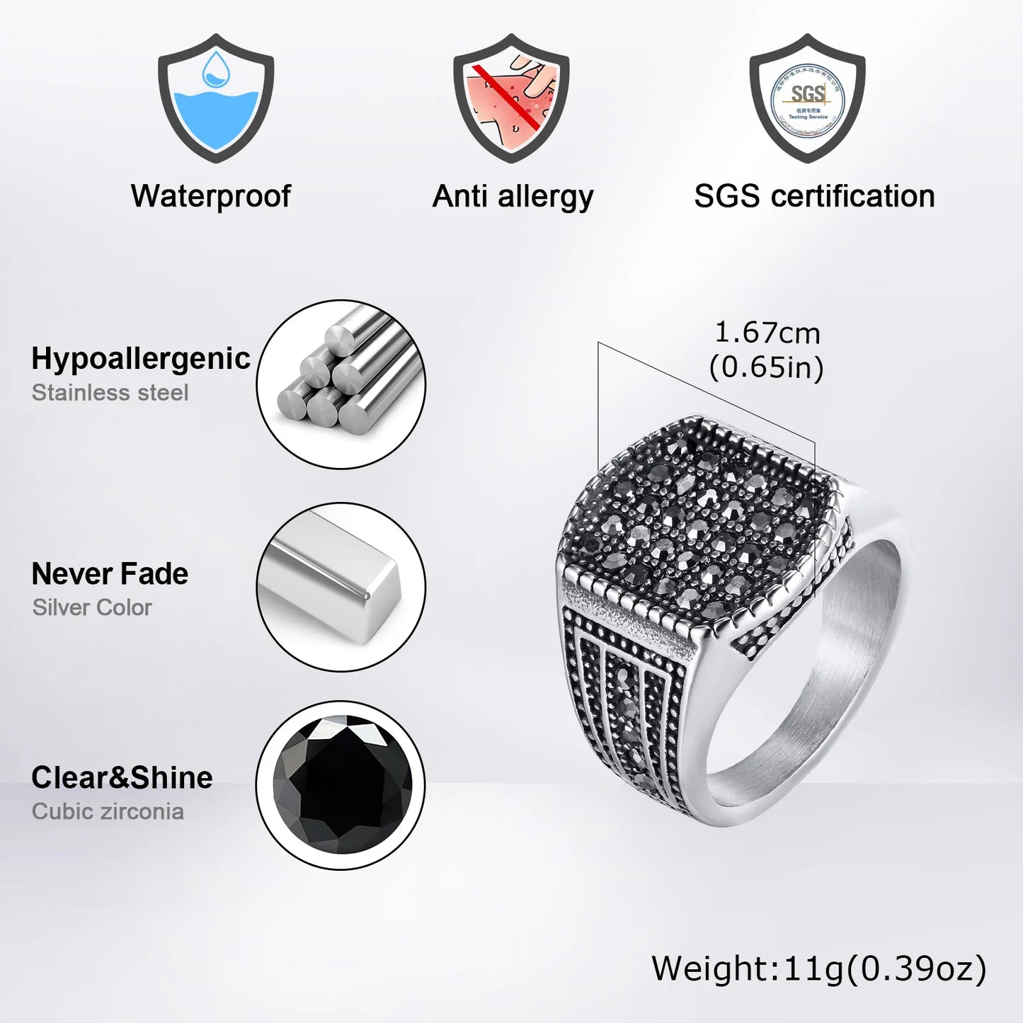 Ring for men 16.7mm Biker Signet Ring for Men Stanless Steel Geometric Top Ring Black CZ Stones Stamp Finger Band Gift to Him Anillo