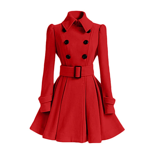 Women‘s Overcoat Elegant Thick Mid Length Warm A-line Loose Hem Tight Waist Woolen Coat with Belt Trench Coat for Women REd