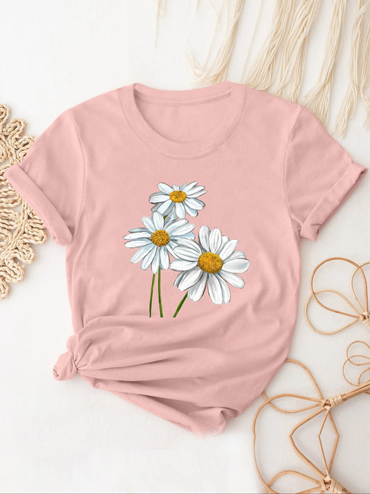 T-Shirt for Women Cute Daisy Print T-Shirt Short Sleeve Crew Neck Casual Top All Season Women's Clothing