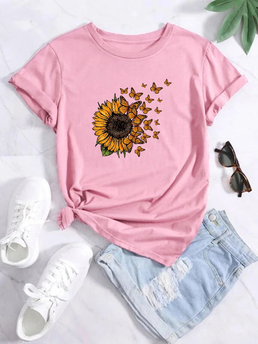 T-Shirt for Women Sunflowers and butterflies Tee Print Crew Neck T-shirt Women's Casual Loose Short Sleeve Fashion T-Shirts Tops