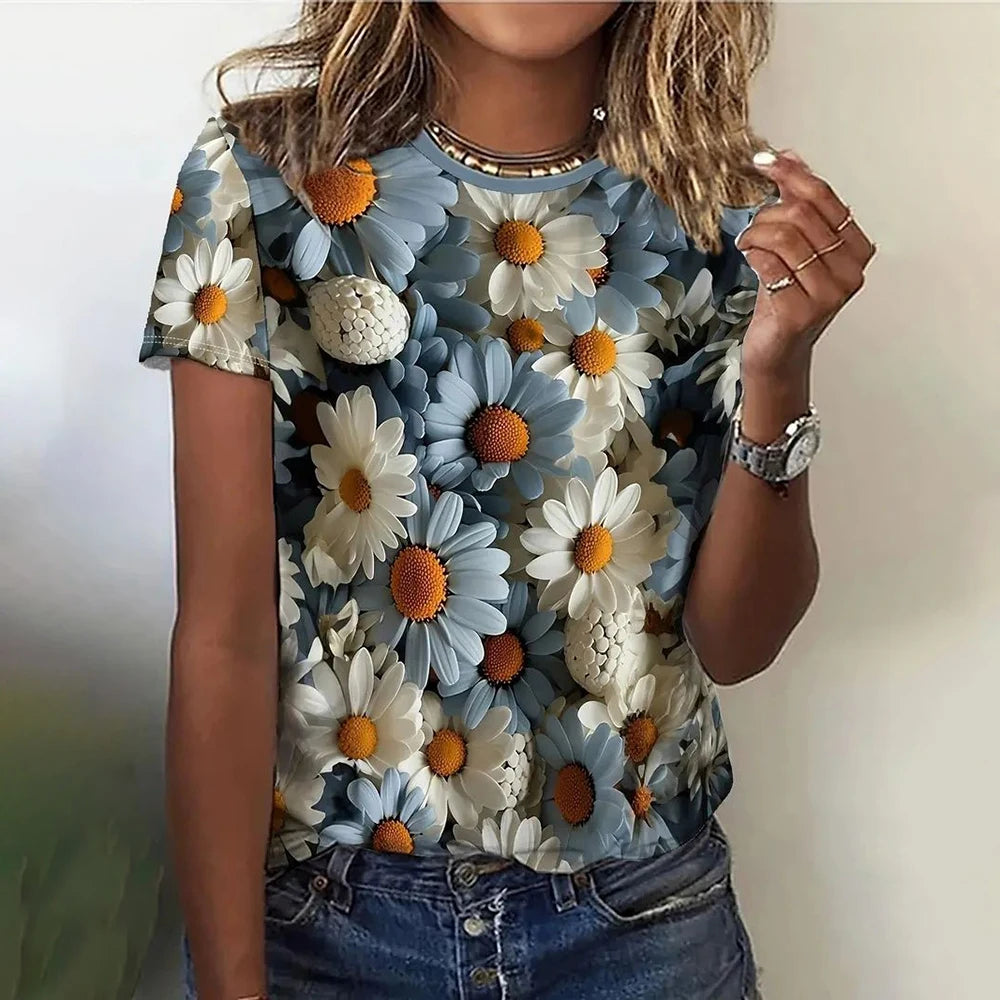 T-Shirt for Women Fashion 3D Floral Print T Shirt For Women Short Sleeve Tees Casual O-neck Loose Short Sleeve Top for girl