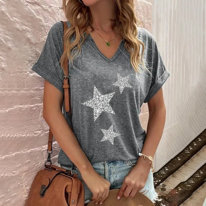 T-Shirt for Women Fashion V-neck Women's T-Shirts Funny Five-Pointed Star Printed Short Sleeve Casual Loose Tops