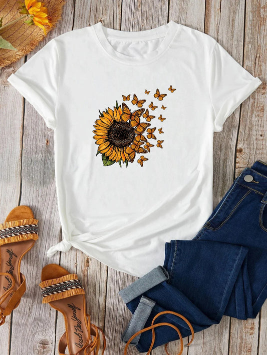 T-Shirt for Women Sunflowers and butterflies Tee Print Crew Neck T-shirt Women's Casual Loose Short Sleeve Fashion T-Shirts Tops