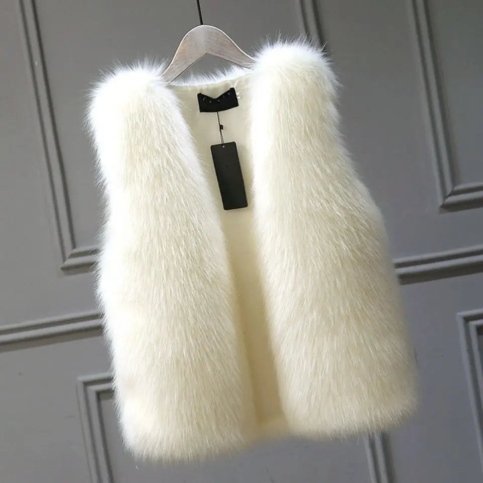 Fur Vest for Women Female Waistcoat Faux Fox Fur Overcoat Winter Jackets Thickened Warm Sleeveless Outwear Top white color front view