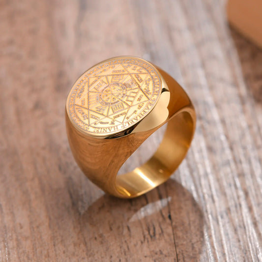 Ring for men Seven Seals of Angels Rings for Men Round Top Stamp Finger Band Metatron Cube Stamp Ring Chunky Punk Anillo