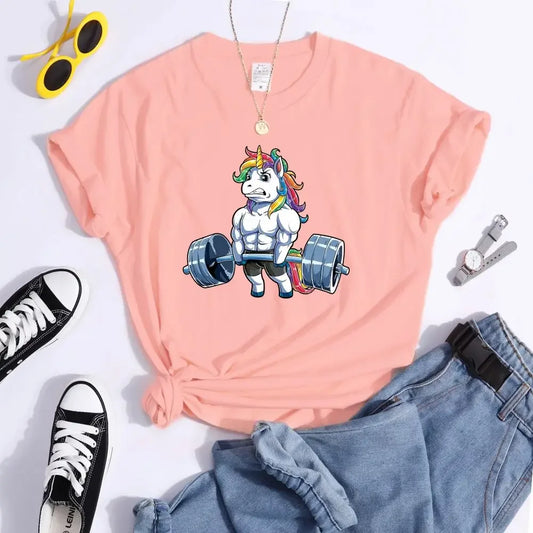 T-Shirt for Women Funny Gym Unicorn Fitness Bodybuilding Cute Prints Women T-shirt Casual Short Sleeve Loose Tee