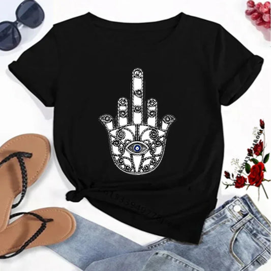 T-Shirt for Women Hamsa Hand of Fatima Print Women's T-Shirts Lucky Hand Unisex T Shirts Short Sleeve Top Tees