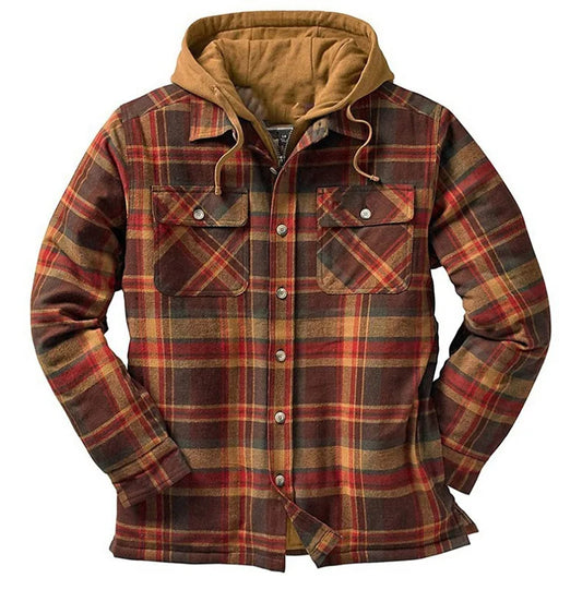 Men's Coats Plaid Printed Patchwork Jacket Hooded Outerwear Jacket for men  burgundy-red-orange-brown front view